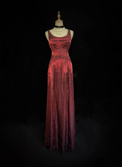 Vintage 90s Prom Dresses A Line Square Neck Burgundy Taffeta With Beads Long Prom Gown N3030