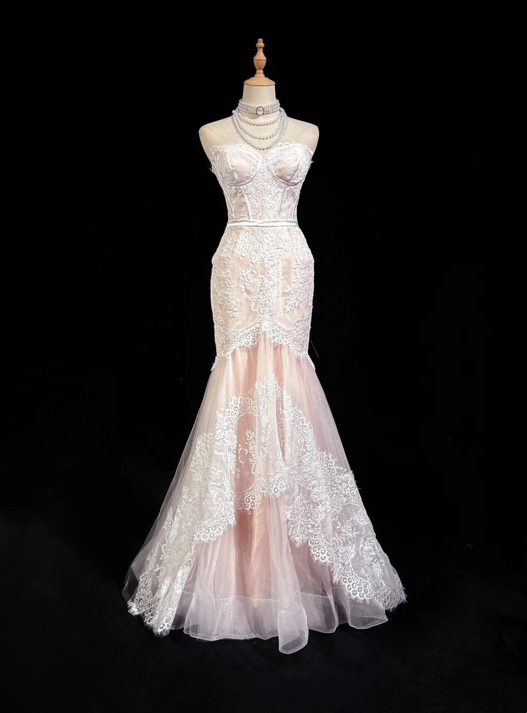 Robes de bal vintage sirène bustier rose dentelle à volants longue robe de soirée N2498