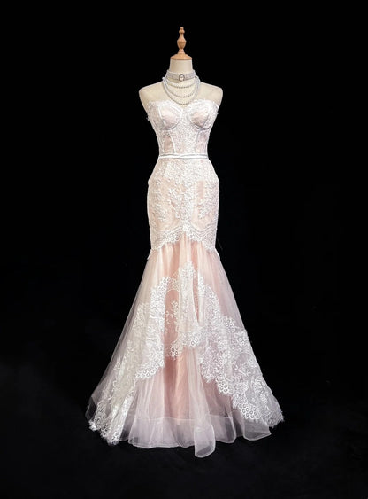 Robes de bal vintage sirène bustier rose dentelle à volants longue robe de soirée N2498