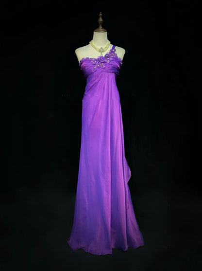 Vintage Prom Aesthetic Dresses A Line One Shoulder Purple Chiffon With Beading Long Formal Dress N3015