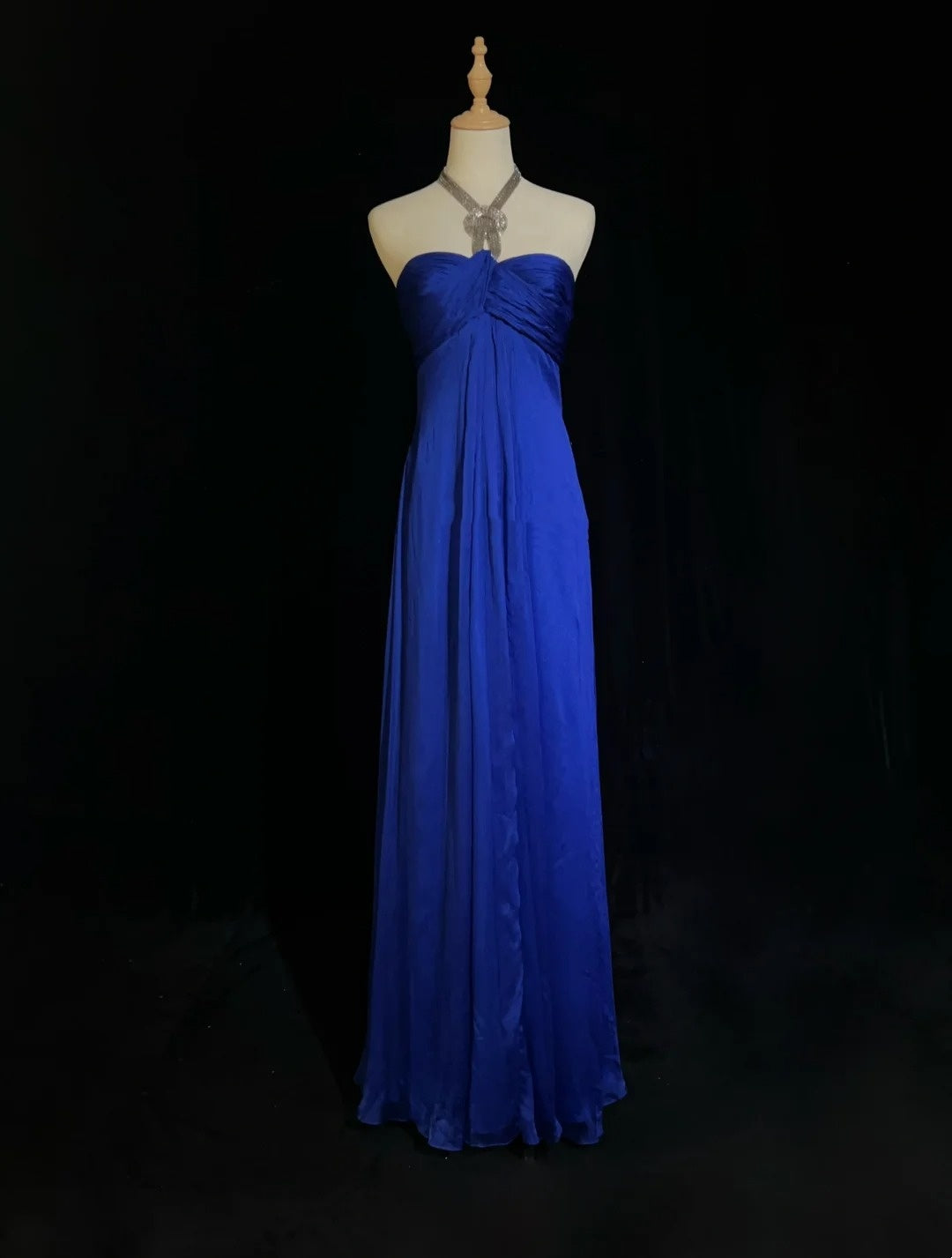 Robes de bal vintage en mousseline de soie bleu roi coupe trapèze à col américain avec perles, longue robe de soirée des années 90 N2903
