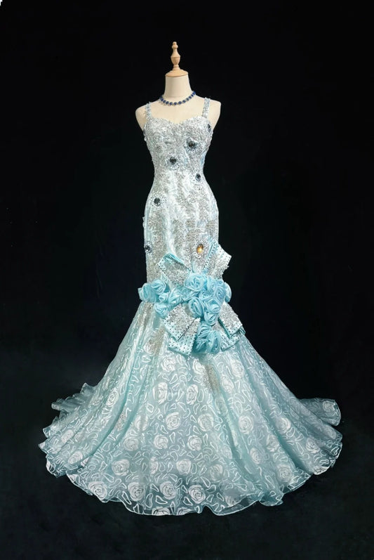 Belles Robes de Bal Sirène Bretelles Fines Bleu Ciel avec Fleurs Perles Longues Tenues de Soirée N3319