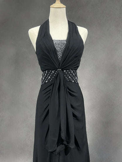 Vintage Prom-Kleider A-Linie Neckholder Schwarz Chiffon Perlenstickerei 1970er Jahre Langes Abendkleid N2619