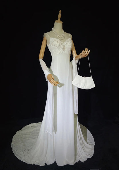 Robes de mariée uniques ligne A Bretelles Spaghetti Plage Bohème Mousseline Avec Écharpe Robe de mariée longue blanche N3611