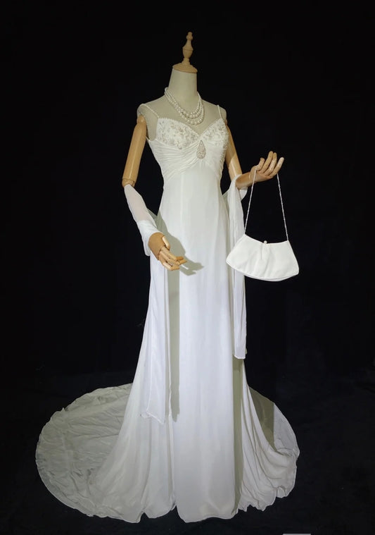 Unique Wedding Dresses A Line Spaghetti Strap Beach Boho Chiffon With Scarf White Long Bridal Gown N3611