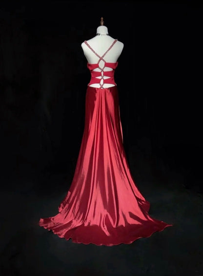 Classy Mermaid Sweetheart Straps Red With Beading Folds Sleeveless Long Formal Dress Gown Prom Dresses N2449
