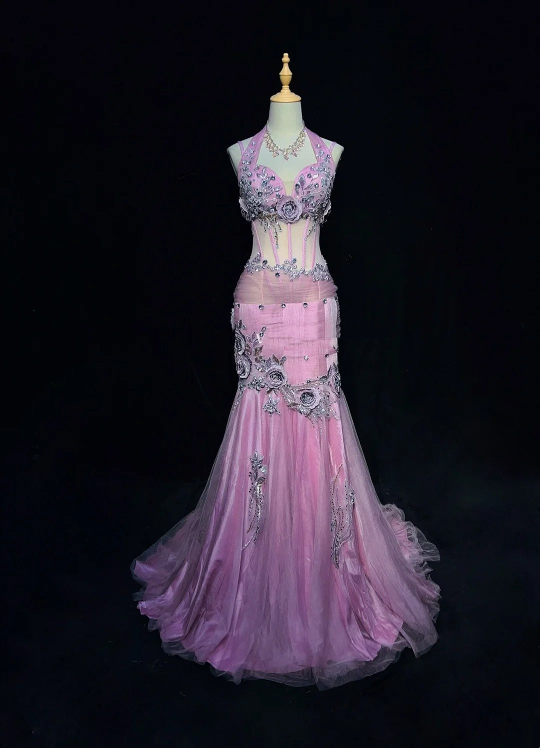 Robes de bal modestes sirène licou tulle lilas avec perles dentelle longue robe de soirée formelle N3882