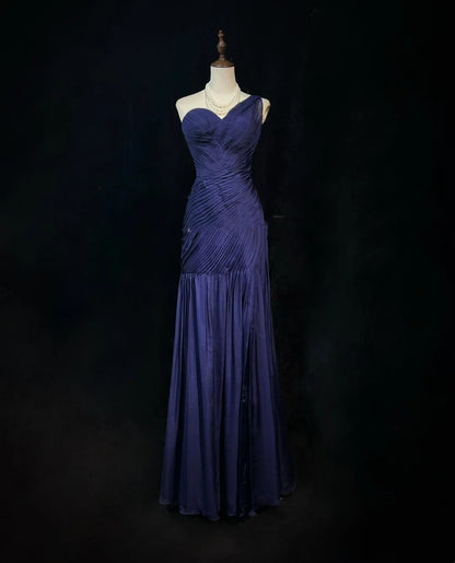 Robes de bal de rêve des années 90 Sirène Asymétrique Bleu Marine Plissée Tenues de Soirée Formelles N3836