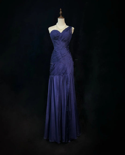 Dreamy 90s Prom Dresses Mermaid One Shoulder Navy Blue With Pleated Formal Evening Outfits N3836