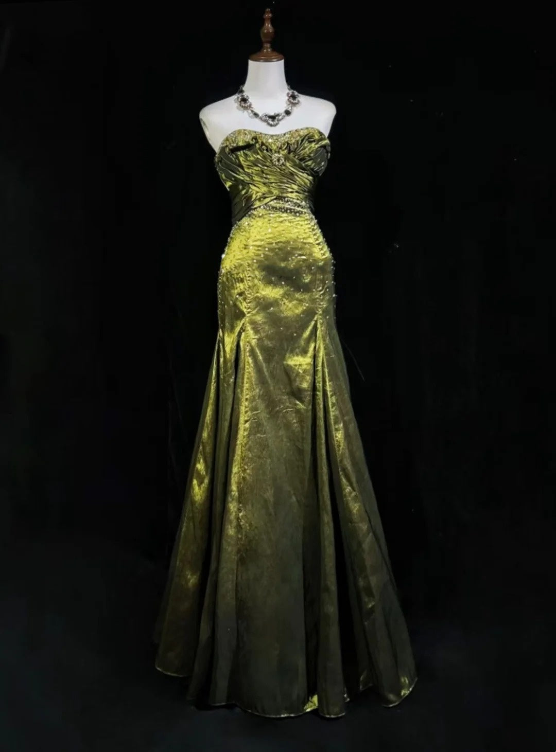 Vintage Prom Dresses 80s Mermaid Sweetheart Olive Green Satin Long With Beading Evening Formal Outfits RB5136
