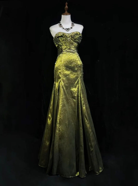 Vintage Prom Dresses 80s Mermaid Sweetheart Olive Green Satin Long With Beading Evening Formal Outfits RB5136