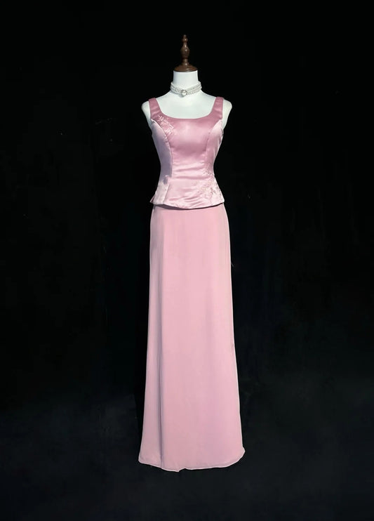 Vintage Prom Dresses A line Square Neck Pink Satin With Pearls 90s Long Formal Evening Gown N2662