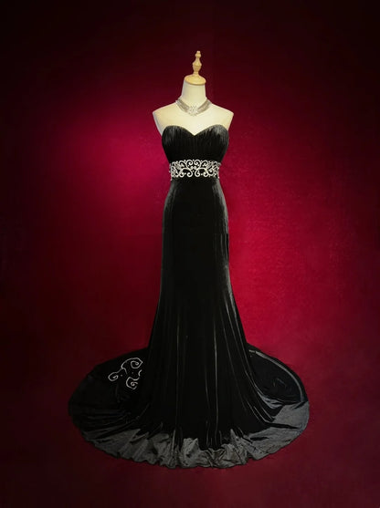 Robes de Bal Glamour Robe de Soirée Sirène Cœur Sans Bretelles Noire Velours Brodé Robe de Cérémonie N2883