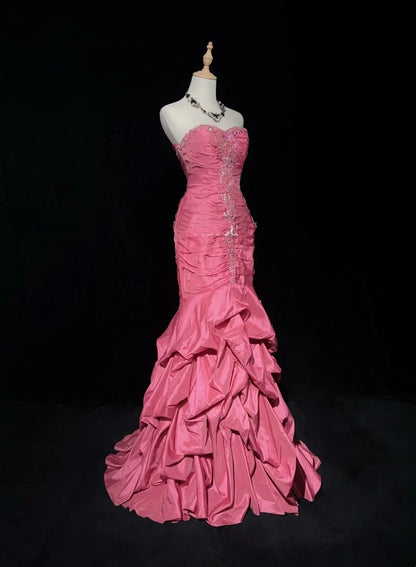 Robes de bal vintage sirène bustier satin rose à volants superposés années 90 longue robe de soirée N2916