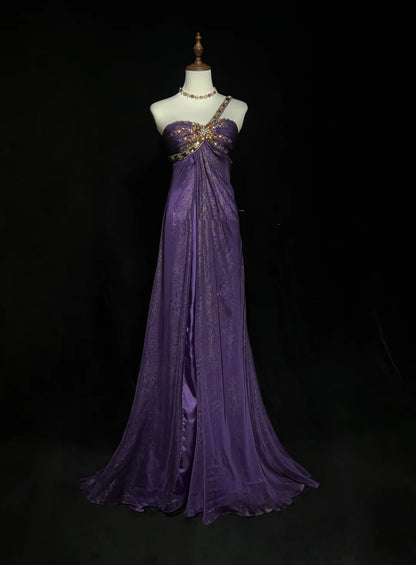 Vintage Ballkleid Ästhetik Kleider A-Linie One-Shoulder Lila Chiffon Mit Perlen Lang Formales Tanzkleid N3014