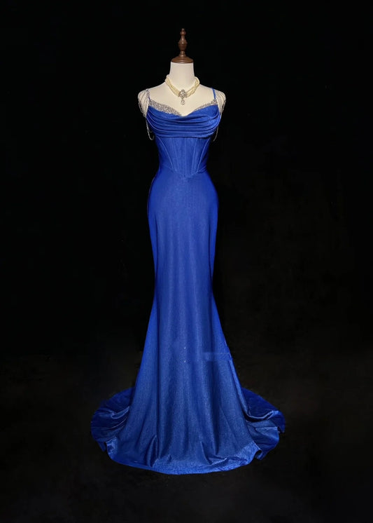 Vintage Prom Dresses Mermaid Royal Blue Sequin With Corset Top Long 80s Formal Gown N2580