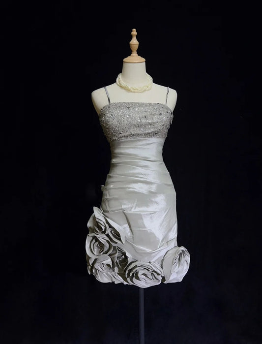 Pretty Sheath Spaghetti Strap Silver Grey Tight Bodycon Graduation Short Mini Homecoming Dresses Hoco Dress N2873