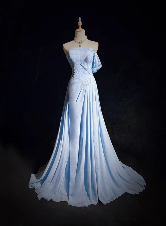 Vintage Prom Dresses Mermaid Off The Shoulder Light Blue 70s With Ruffles Chiffon Long Formal Party Dress N2517