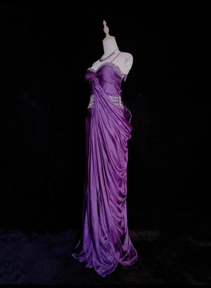Vintage Abschlussballkleider Spaghetti-Träger Meerjungfrau Lila Chiffon mit Perlenbesatz Lange formelle Abendkleider N3866
