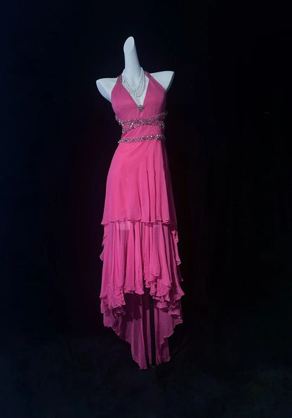 Retro High Low Halter Pink Tea Length Chiffon With Beads Prom Dresses Formal Party Outfits RB3951