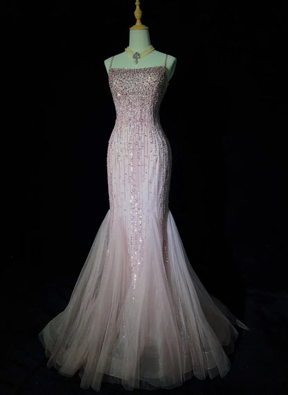 Robes de bal intemporelles sirène fines bretelles tulle rose clair avec perles dos nu longues tenues de soirée N3233