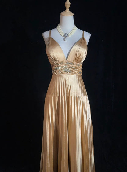 Classy Prom Dresses A Line Spaghetti Strap Gold Satin With Ruffle Beading Long Formal Gown N2900