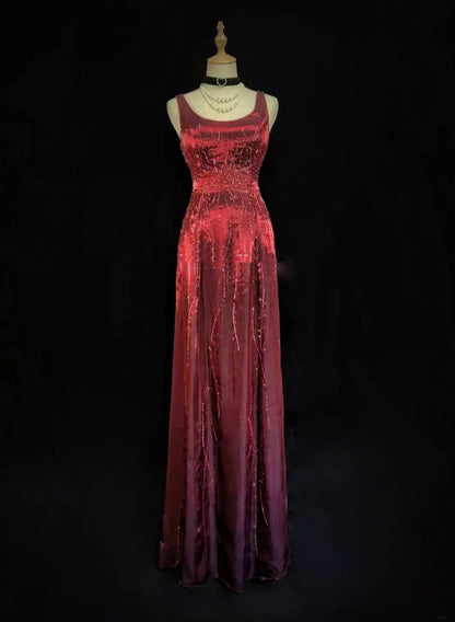 Robes de bal vintage coupe trapèze bordeaux avec paillettes, perles, robe de soirée formelle années 80 RB3278