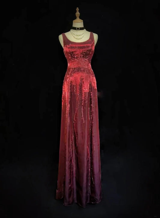 Vintage Prom Dresses A line Square Burgundy With Sparkles Beaded 80s Evening Formal Dress RB3278