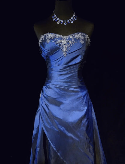 Robes de Bal Vintage, Coupe A-ligne, Col Cœur, Taffetas Bleu Marine, Cape Perlé Années 90, Longue Robe de Soirée N2904