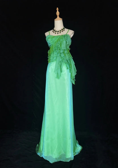 Schöne Ballkleider A-Linie Spaghettiträger Grün Chiffon mit Rüschen Lange Abendgarderobe N3331