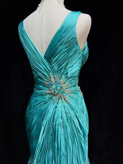 Bescheidene Abschlussballkleider Inspiration Meerjungfrauen-V-Ausschnitt Blau mit Rüschen und Perlen für Damen Formelles Kleid N3234