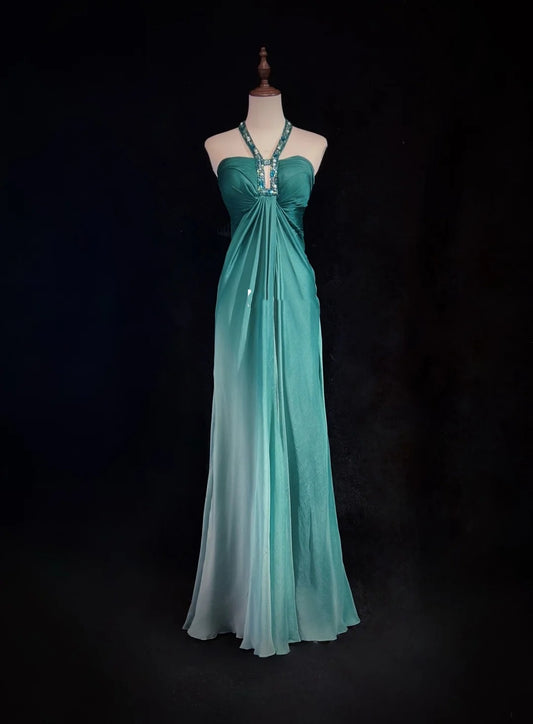 Vintage Y2K A line 2000s Halter Green Ombre Gown Gradient Colors Formal Dress 21st Birthday Prom Dresses N2729