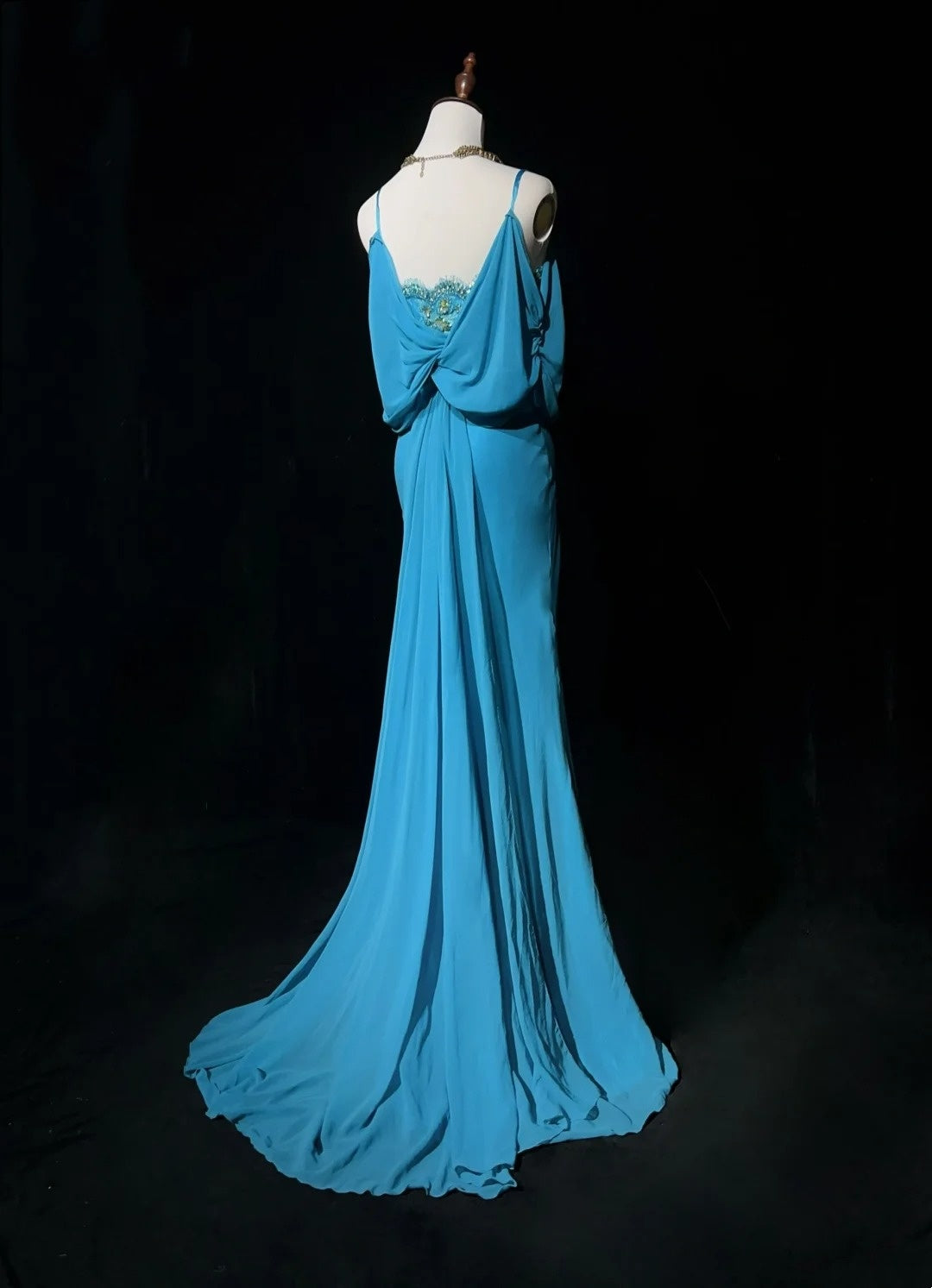 Robes de bal gothiques glamour sirène, bretelles fines, mousseline bleue sans manches avec perles, robe de soirée semi-formelle N3819