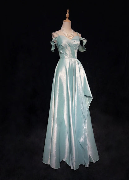 Robes de bal élégantes et chics ligne A en satin bleu ciel avec bretelles et manches, robes de soirée semi-formelles N3800