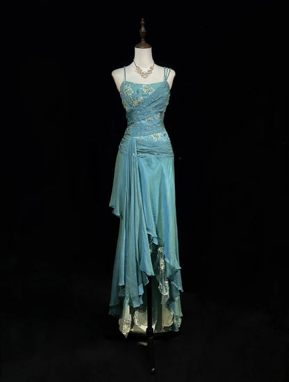Robes de bal vintage coupe trapèze années 2000 à fines bretelles en mousseline bleue avec perles dentelle longue robe de soirée N2459