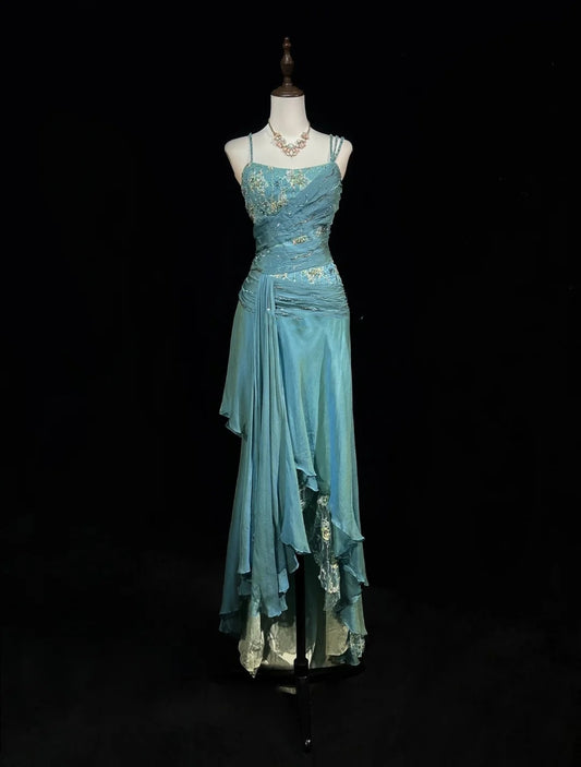 Vintage Prom Dresses A Line 2000s Spaghetti Strap Blue Chiffon With Beading Lace Long Formal Dress N2459
