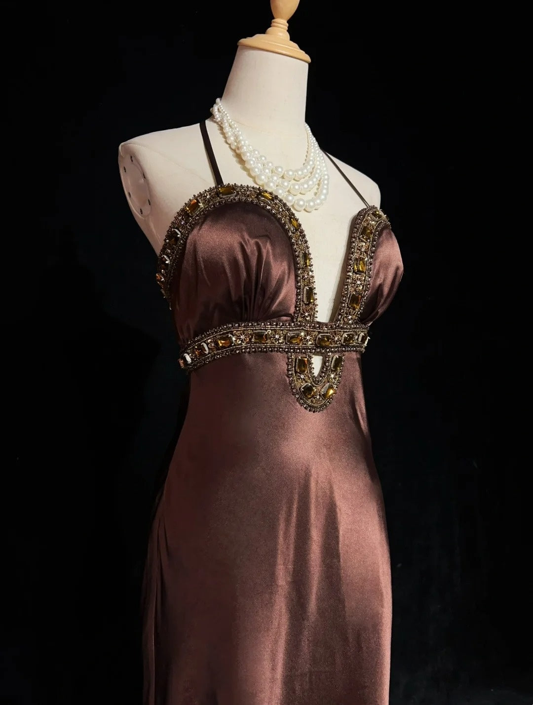 Vintage Prom Dresses A Line Halter Brown Sleeveless Satin 1980s Long Formal Gown N2859