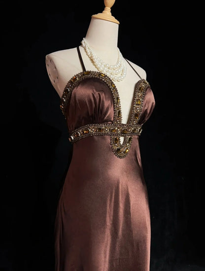 Vintage Prom Dresses A Line Halter Brown Sleeveless Satin 1980s Long Formal Gown N2859