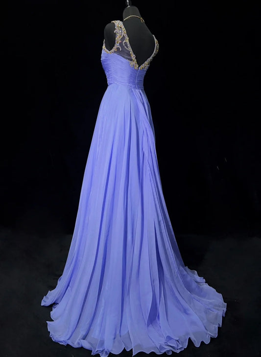 Classy Prom Dresses A line Lavender Chiffon V Neck With Beaded Long Formal Evening Outfits N3705