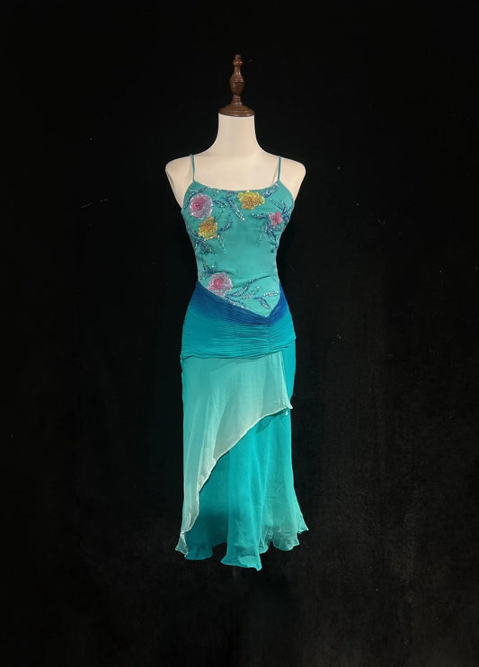 Vintage Prom Dresses Sheath Ombre Gown Gradient Colors Blue Sleeveless 70s Beads Formal Gown N2570