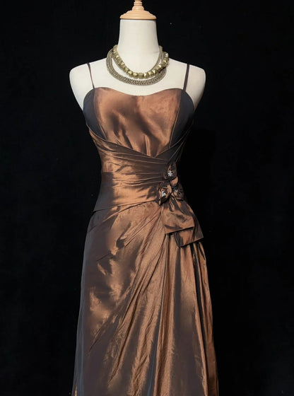 Robes de bal vintage sirène à fines bretelles marron satin années 80 longues tenues de soirée formelles N3876
