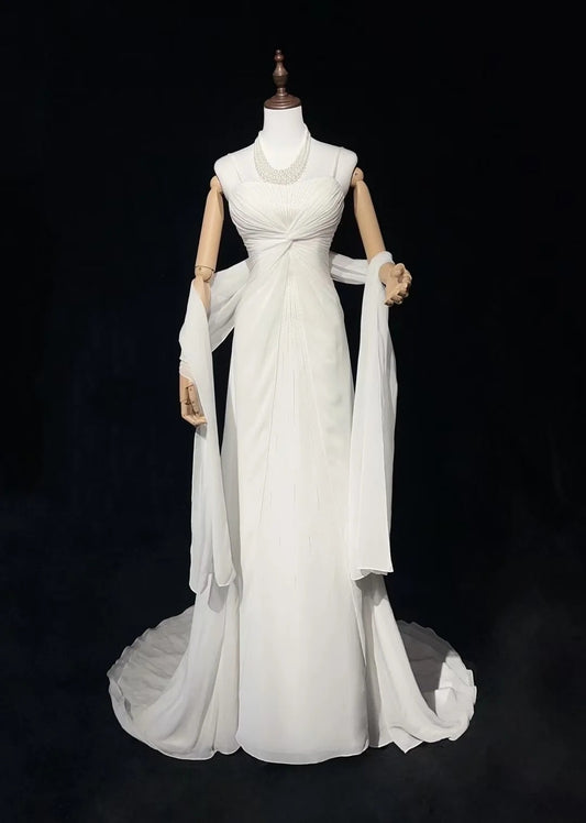 Simple Wedding Dresses A Line Spaghetti Strap Chiffon White Pleated Summer Beach Long Wedding Gown N3831