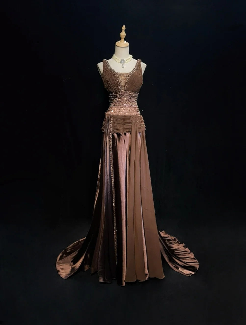 Robes de bal vintage sirène en mousseline de soie chocolat col en V avec perles longue robe de soirée N2453