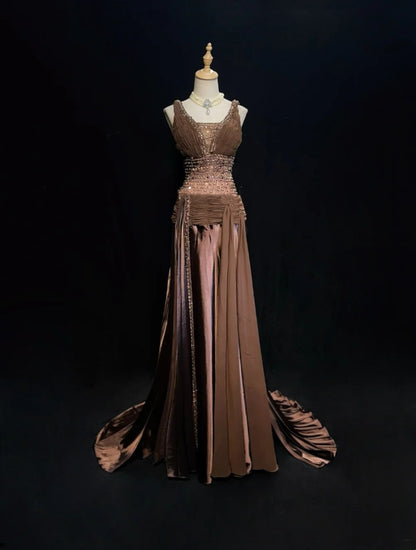 Robes de bal vintage sirène en mousseline de soie chocolat col en V avec perles longue robe de soirée N2453