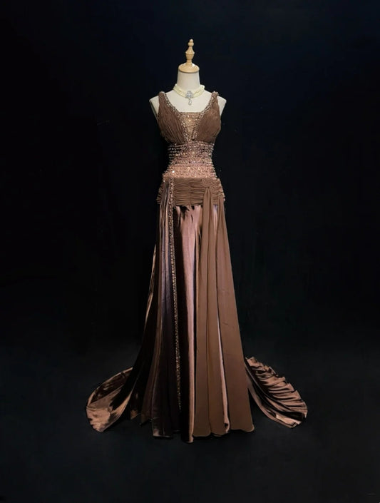 Vintage Prom Dresses Mermaid Chocolate Chiffon V Neck With Beading Long Formal Dress N2453