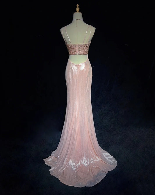 Vintage Prom Dresses Mermaid Spaghetti Strap Pink Satin 80s Long Formal Evening Outfits N3879
