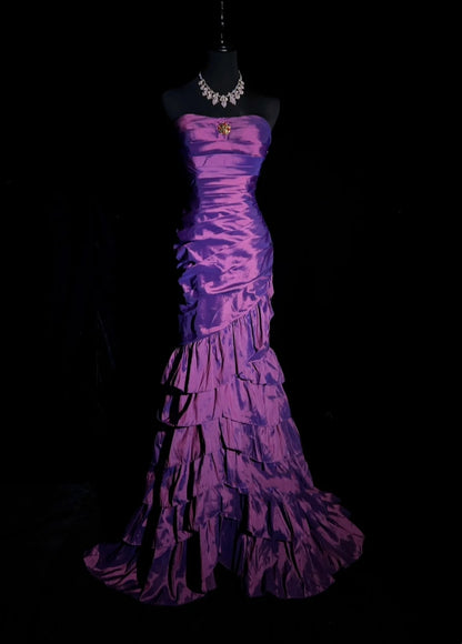 Vintage Prom Dresses 90er Meerjungfrau Trägerlos Lila Satin Mit Stufenrock Lang Semi-Formal Abendmode N3661