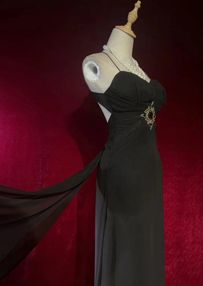 Vintage Prom Dresses A-Linie Spaghetti-Träger Black Tie Kleid mit Perlen 80er Jahre Langes Abendkleid N2730