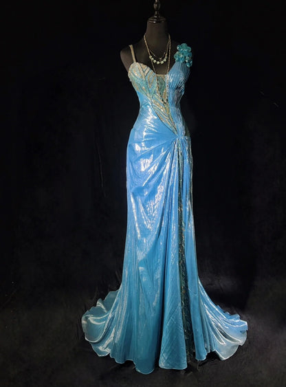 Inspiration robes de bal vintage sirène bretelles sequins bleus longues années 90 avec fleurs robes de soirée N3355