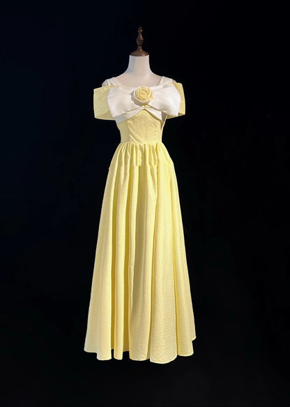 Vintage Prom Dresses A Line Yellow Lattice Satin 80s Evening Formal Dress RB3277